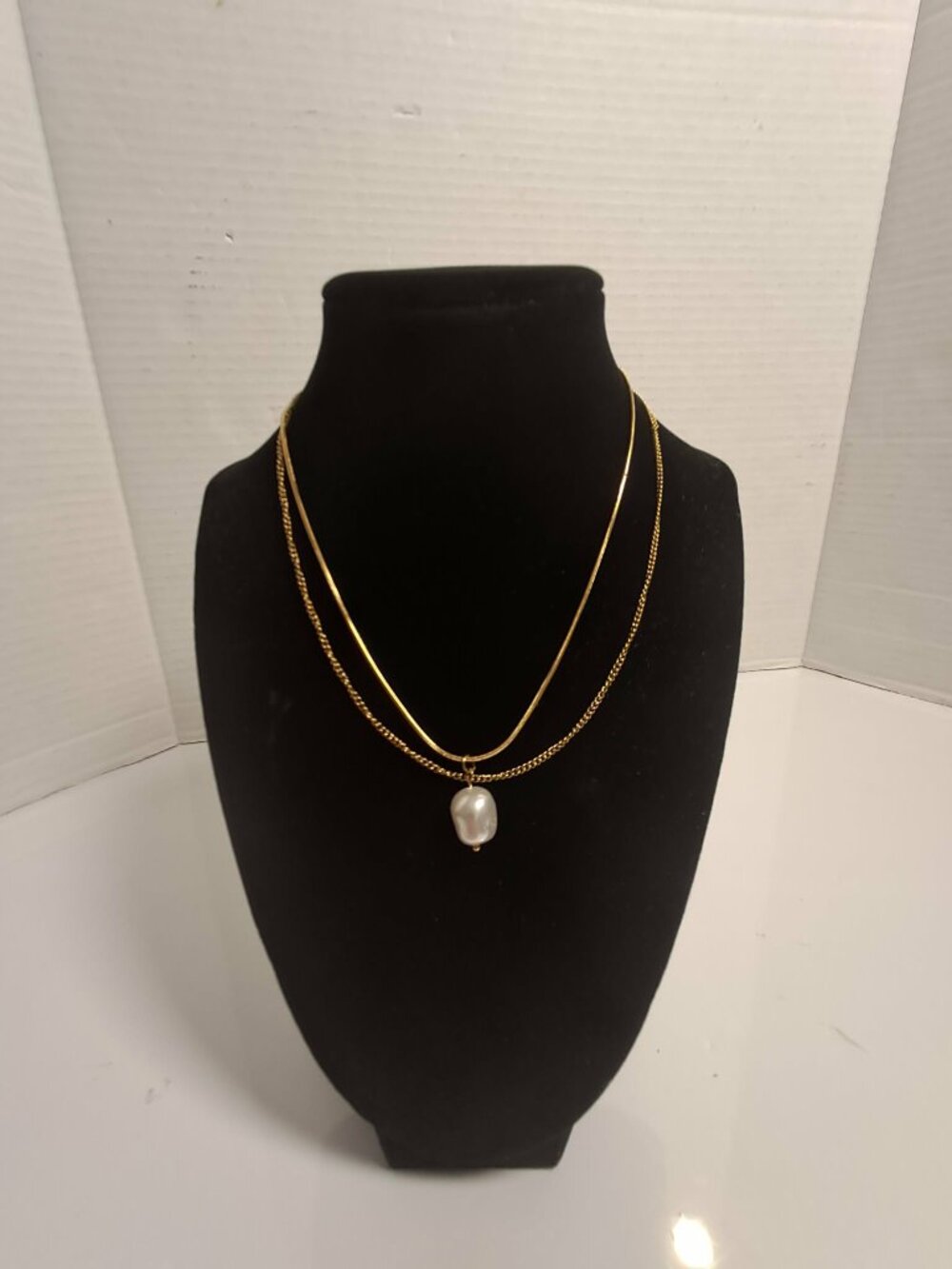 Gold Tone Stainless Steel Layered Necklace Freshwater Pearl